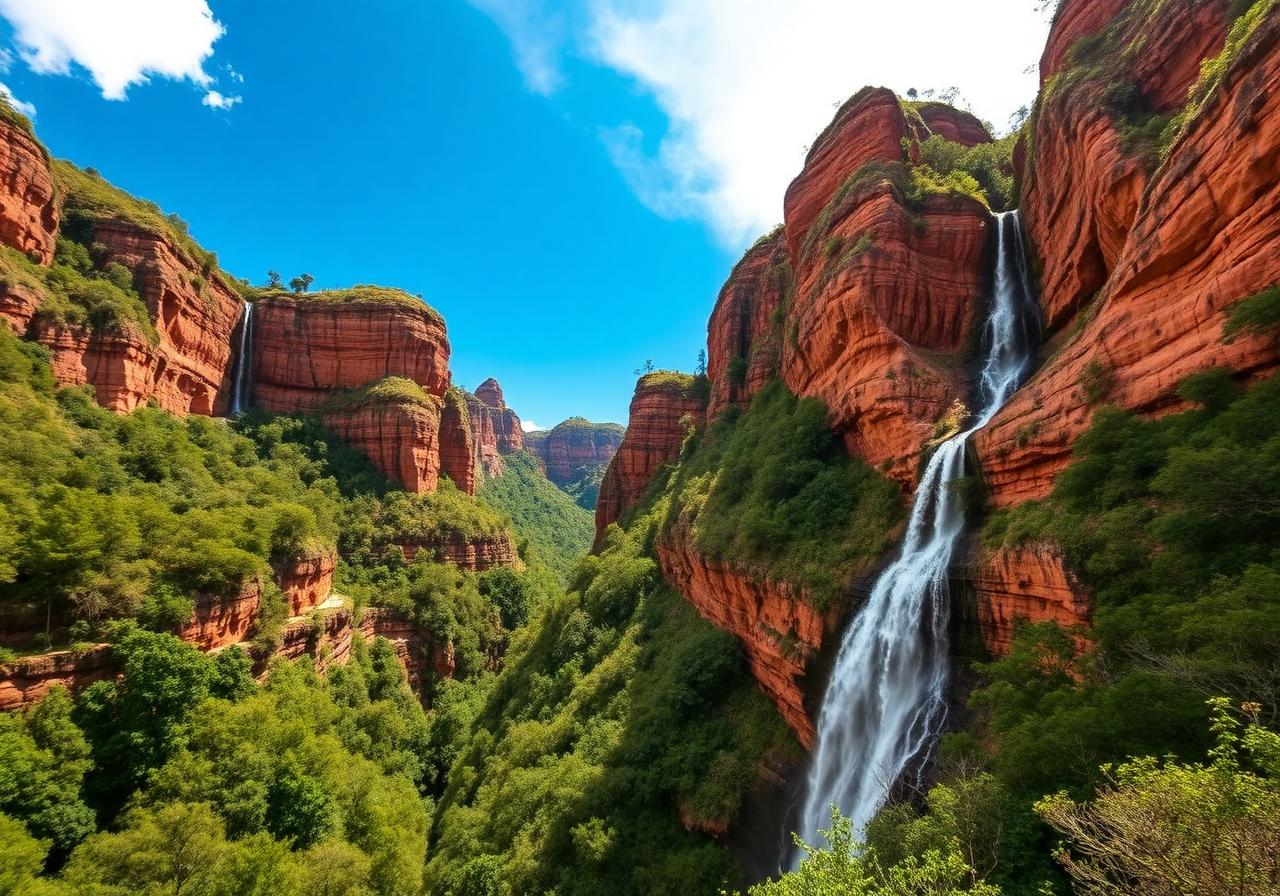 Paisagem da Chapada dos Guimarães com cachoeira e formações rochosas